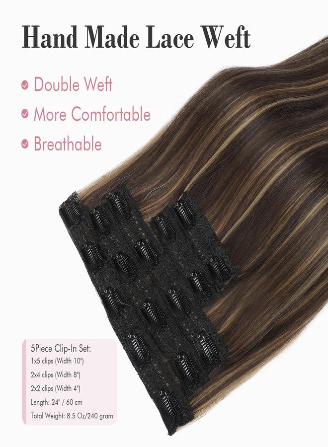 REECHO Clip in Hair Extensions, Hair Extensions Thick Long Lace Weft Lightweight Synthetic Hairpieces for Women (24 Inch-240 Gram(Pack of 5), Dark Brown with Highlights) - Image 2